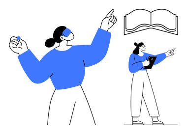 Kendine güvenen kadınlar teknoloji ve kavramlarla etkileşime geçiyorlar, yukarı işaret ediyorlar, tablet tutuyorlar, kitap ikonu tutuyorlar. Eğitim, fikirler, teknoloji, takım çalışması, liderlik araştırması için ideal