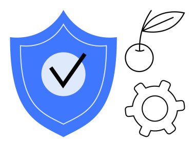 İşaretli mavi kalkan güvenliği simgeliyor, teçhizat süreci ya da yeniliği simgeliyor, ve kiraz filizleri büyümeyi ya da ekolojik arkadaşlığı simgeliyor. Güvenlik, teknoloji ve verimlilik için ideal.