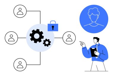 Ekipman mekanizması ve güvenlik kilidi kullanıcı şebekesini birbirine bağlıyor. İşletme lideri fikirler sunuyor. İşbirliği, ağ güvenliği, iş akışı, verimlilik, liderlik ve yenilik için ideal