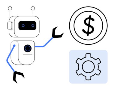 Dolar işareti ve teçhizata doğru hareket eden mekanik kollara sahip robot, teknolojiyi, otomasyonu, verimliliği, yeniliği, finansal büyümeyi, süreç optimizasyonunu, basit iniş sayfasını temsil ediyor.