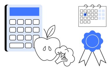 Hesap makinesi, elma, brokoli, kontrol listesi takvimi ve mavi kurdele vurgulama yemek planlaması, beslenme izleme, hedef belirleme, başarılar, eğitim planlama etkinliği hazırlığı ve güvenilirlik