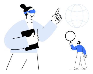 Sanal gerçeklik kulaklığı takan bir kadın tablet tutuyor ve erkek denge çemberini işaret ediyor. Teknoloji, yenilik, eğitim, küresel bağlantı, takım çalışması, gelecek kavramları için ideal, basit