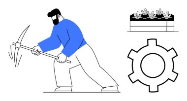 Kazmalı madencilik, dişli ikonunun üzerinde tarımı, işçiliği ve aletleri sembolize eden çizgili ürün çizimi. Tarım, madencilik, iş ahlakı, enerji, sürdürülebilirlik otomasyonu için ideal basit