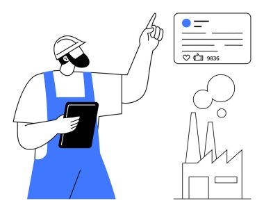 Performans ölçümlerinde kask ve önlük giyen işçiler, tablet fabrikası binasını tutuyor ve istatistikleri gösteriyor. Üretkenlik, teknik evlat edinme, otomasyon, endüstri analizi, veri için ideal