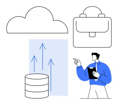 Veritabanının üstünde bulut, yukarı doğru ok, evrak çantası ve tablet tutan figür. Teknoloji, iş büyümesi, veri analizi, yenilik, bulut hesaplaması, dijital stratejiler için ideal basit