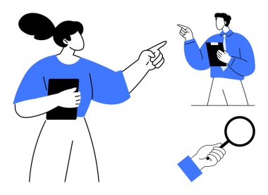 Belgeleri tutan ve iddialı bir şekilde işaret eden iki figür, büyüteçle yakın plan çekilmiş bir elin yanında. Liderlik, takım çalışması, analiz, karar verme, rehberlik, problem çözme için ideal