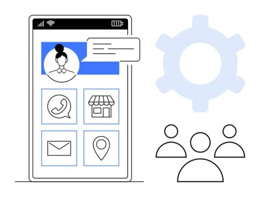 Profilli akıllı telefon ekranı, sohbet balonu, çağrı, dükkan, posta ve konum simgeleri vites ve kullanıcı grubu grafiği ile birlikte. İletişim, navigasyon, iş ekibi çalışması için ideal cep telefonu