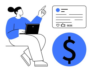 Yukarıyı gösteren bir laptop, nişan paneli, dolar simgesi. Pazarlama, sosyal medya stratejisi, çevrimiçi analitik, mali hedefler, nüfuz artışı, izleyici kavrayışı için ideal basit