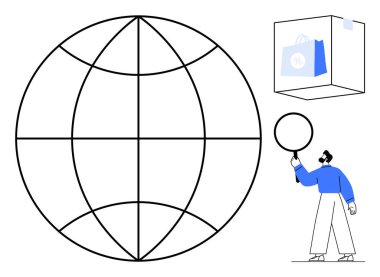Küresel küre, bir kutunun içinde bir alışveriş çantasının yanında büyüteç tutan bir adam. E-ticaret, dijital arama, küresel ticaret, pazar analizi, çevrimiçi alışveriş, strateji, basit iniş için ideal