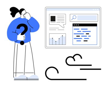 Elinde soru işareti olan kişi dijital veri tablolarını, arama arayüzünü ve analizleri ekranda inceliyor. Sorun çözme, araştırma, strateji, planlama, öğrenme analizi için ideal basit iniş