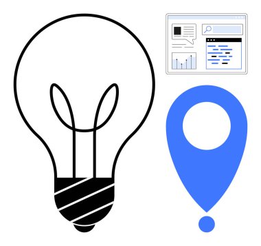 Yenilikçi düşünme için ampul, konum veya navigasyon için harita işaretleyici ve dijital içgörü için analitik gösterge paneli. Yenilik, iş, navigasyon, analitik ve teknoloji için ideal