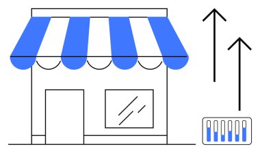 Mavi çizgili tenteli, yükselen okları ve veri çubuğu çizelgesi olan küçük bir dükkan önü. Ticari büyüme, veri içgörüleri, ticaret, perakende iyileştirme, strateji, girişimcilik için ideal basit iniş sayfası
