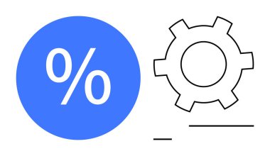 Mavi daire ve ana teçhizat yüzdesi. optimizasyon için ideal, tasarruf, finans, otomasyon, verimlilik, sistemler için basit iniş sayfası. Çizgi benzetmesi. Basit satır simgeleri