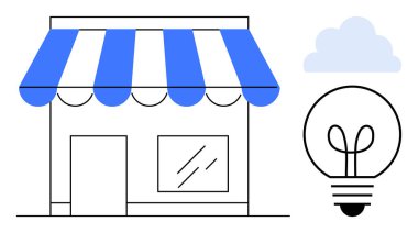 Çizgili tenteli dükkan önü, yenilik için ampul ve soyut bulut. Ticari fikirler, girişimcilik, perakende markalaşma, yenilik, strateji girişimi ve yaratıcılık için idealdir. Düz basit
