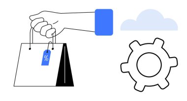 Yanında bulut ve vites simgeleriyle birlikte indirimli etiketli el çantası. Çevrimiçi alışveriş, e-ticaret, perakende yönetim, alışveriş sistemleri, bulut hesaplama, tüketici alışkanlıkları, daire yönetimi için ideal