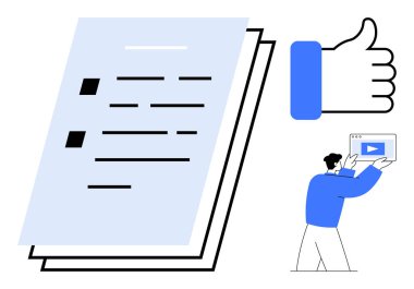 Belge yığını, onay için onay simgesi, çalma tuşlu ekranı tutan kişi. Çalışma akışı, işbirliği, onay sistemleri, eğitim, öğretim, video içeriği sade iniş sayfası için ideal