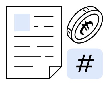 Belge taslağı, kripto para birimi ve üstveri sembolü fintech, engelleme zinciri, dijital para birimi, sosyal medya, ağ oluşturma, içerik oluşturma ve basit iniş sayfasını vurgula