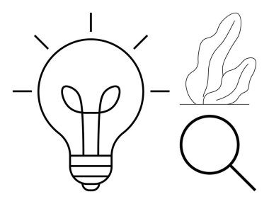 Işıklı ampul, büyüteç ve soyut bitki şekilleri yeniliği, keşfi ve doğayı sembolize eder. Eğitim, araştırma, sürdürülebilirlik, yaratıcılık öğrenme kolaylığı için ideal
