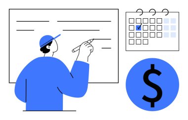 İşaretli bir takvim ve dolar işaretinin yanında beyaz tahtaya yazı yazan adam, zamanlamayı, finansal planlamayı ve organize işi sembolize ediyor. Zaman yönetimi, bütçe takibi ve takım amaçları için ideal