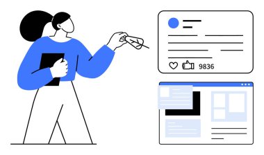 Sosyal medya ölçümlerini ve web tasarım planlarını düşünceli bir ifadeyle analiz eden bir kadın. İş stratejisi, veri analizi, sosyal medya yönetimi, dijital pazarlama, içerik oluşturma için ideal