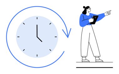 Mavi okla çevrelenmiş bir saat zamanı sembolize ederken tabletli bir kadın ileriyi işaret ediyor. Üretkenlik, teslim tarihi, zaman yönetimi, planlama, planlama, verimlilik, basit iniş için ideal