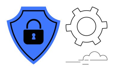 Kilit sembollü mavi kalkan, siyah ana hat teçhizatı, minimum bulut simgesi. Güvenlik, teknoloji, veri, ağ, inovasyon gizlilik geliştirme için idealdir. Basit bir iniş sayfası için mükemmel.