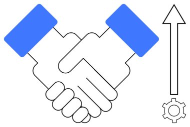 İki eli birbirine kenetlemek ortaklığı sembolize eder, mavi elementler, büyümek için yukarı ok, ilerlemek için dişli. Takım çalışması, iş geliştirme, işbirliği, strateji, liderlik ortaklıkları için ideal