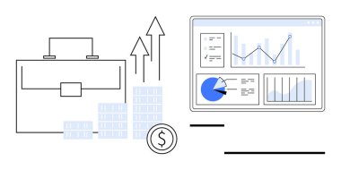 Evrak çantası, bozuk para yığını, yükselen oklar, dolar işareti ve haritalı analitik torpido gözü. Finans, yatırım, analitik, büyüme stratejisi ekonomisi için ideal basit iniş sayfası
