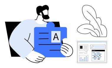 İçerik parçalı bir kişi, çizelgeli ve yazılı analitik torpido, stilize yapraklar. Takım çalışması, içerik stratejisi, analitik, yaratıcılık, eğitim için ideal, SEO basit iniş sayfası