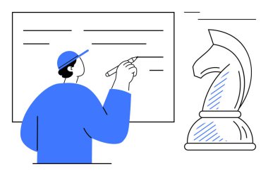 Beyaz tahtada kep yazma stratejisi olan bir adam, büyük satranç şövalyesi karar vermeyi sembolize eder. Strateji, liderlik, problem çözme, yenilik, planlama, eğitim ekibi çalışması için ideal. Düz basit