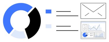 E- posta ve analitik gösterge paneline bağlanan bölümlü turta grafiği, oklar. Veri görselleştirme, analitik, segmentasyon, iş raporlama, pazarlama, iletişim için ideal