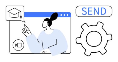 Sanal sınıftaki kişi mezuniyet kapağı açılışını, video çağrı simgesini, ekipmanları ve bir gönderme düğmesini işaret ediyor. Eğitim, teknoloji, iletişim, uzaktan öğrenme, uygulama tasarım kullanıcı arayüzü için ideal