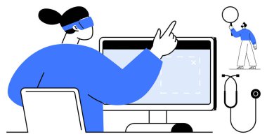 Ekranda dijital aletler kullanan ve interaktif olarak işaret eden kişi. Sanal gerçeklik, yenilik ve tıbbi bakım kavramları. Teknoloji, sağlık hizmetleri, yapay zeka, eğitim, yaratıcılık araştırması için idealdir.