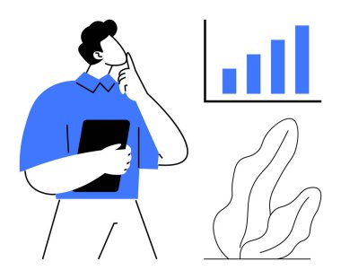 Elinde tablet tutan biri, elleri çenesinde, çubuk grafiğinin ve bitkinin yanında. İş stratejisi, veri analizi, üretkenlik, kariyer büyümesi, karar verme mekanizması için ideal basit tasarım