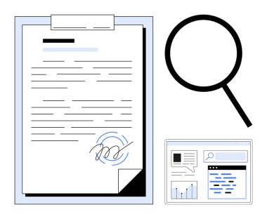 Panoda imzalı kağıt, incelenmek için büyüteç ve çizelge ve arama araçlarıyla dijital gösterge paneli. Araştırma, doğrulama, analitik, denetim, anlaşma incelemesi ve veri için ideal
