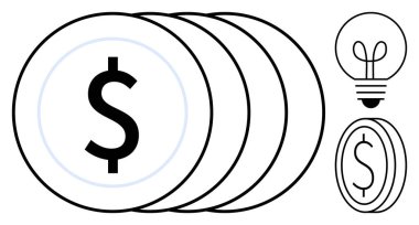 Yığılmış dolar sikkeleri, bir ampulün yenilik ve fikirleri temsil etmesi gibi zenginliği sembolize eder. Finans, yatırım, iş dünyası, ekonomi, yaratıcılık, girişimcilik için ideal, düz basit metafor