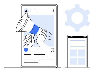 Sosyal medya pazarlama tebligatını temsil eden akıllı telefon ekranının içindeki bir el megafonu. Akıllı telefon ve teçhizat çevrimiçi iletişimi iletir. Pazarlama, promosyon, markalaşma için ideal