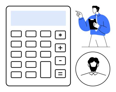 Tablet ve resimli bir portre tutan bir profesyonelin yanı sıra, temel işlevler için düğmeleri olan büyük hesap makinesi çerçeveye hükmediyor. Finans, muhasebe, hesaplamalar, analitik için ideal