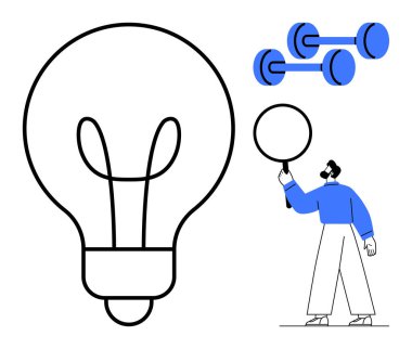 Ampul ve halterler yanında büyüteç tutan kişinin yanında. Fikirler, yaratıcılık, yenilik, odaklanma, araştırma, problem çözme, kendini geliştirme, basit iniş sayfası için ideal