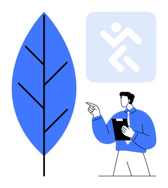 Resmi kıyafetli bir adam elinde bir pano, eko-yaprak ve sürdürülebilirlik simgesini gösteriyor. Çevre, sürdürülebilirlik, kurumsal sorumluluk, farkındalık, eğitim, büyüme yeşili yaşam için idealdir. Düz