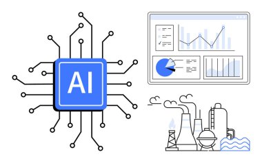 Bağlı hatları olan yapay zeka çipi, haritaları olan veri göstergesi, fabrikaları olan endüstriyel fabrika. Teknoloji, yapay zeka, yenilik, veri, otomasyon, analitik basit iniş sayfası için ideal