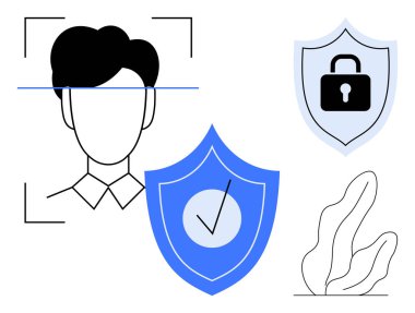 Yüz tarama teknolojisi, işaretli kalkan, kilit simgesi ve minimalist bitki. Siber güvenlik, gizlilik, kimlik doğrulama, yapay zeka sistemleri, kişisel veri güvenliği için ideal erişim basit