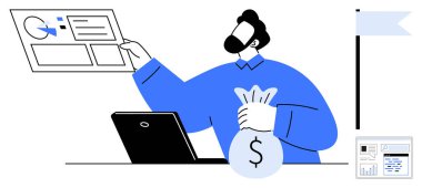 Elinde para çantası olan, veri tablosuna işaret eden, finansal hedefler üzerinde çalışan bir adam. İş yatırımı, mali planlama, bütçe yönetimi, danışmanlık, finans araçları için ideal, başlangıç aşaması basit