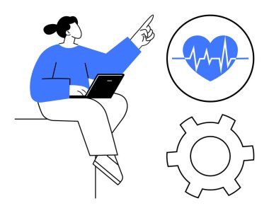 Yukarıyı gösteren bir dizüstü bilgisayar, ECG çizgisi olan bir kalp, işlem için teçhizat. Sağlık teknolojisi, tıbbi ilerleme, yenilik, üretkenlik, veri analizi, proje yönetimi için ideal