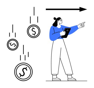 İş kadını elinde bir tablet tutarak bozuk paralar ve yön okuyla önünü işaret ediyor. Finans, yatırım, ekonomik büyüme, planlama, strateji, başarı için ideal