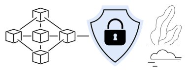 Güvenlik sistemlerini temsil eden kilit sembollü kalkanlara bağlı blok zinciri şeması. Teknoloji için ideal, siber güvenlik, engelleme zinciri, gizlilik, şifreleme, güvenli sistemler, basit iniş sayfası
