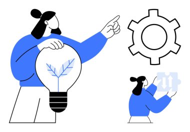 Ampulü yaprağıyla tutan adam öne bakıyor. Yapboz parçası tutan kadın. Vites sembolü. Yenilik için ideal, problem çözme, takım çalışması, sürdürülebilirlik, büyüme liderliği basit iniş sayfası