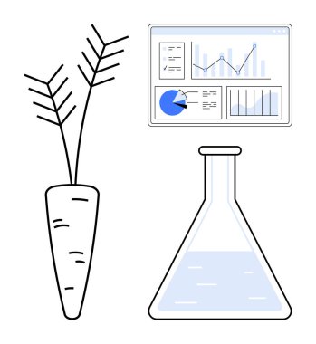 Kök sebze, sıvı ile şeffaf matara ve çizelgeli analitik panel. Tarım, biyoteknoloji, sürdürülebilirlik, veri analizi, bilim eğitimi, yenilik için ideal