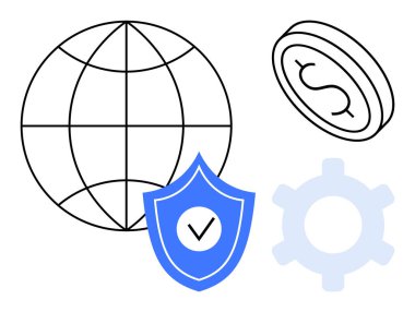 Küre, işaretli kalkan, bozuk para, dünya çapında güvenliği temsil eden teçhizat, fintech, operasyonlar. Finans, güvenlik teknolojisi yenilik stratejisi üretkenlik küresel çözümleri için idealdir. Düz basit