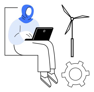 Dizüstü bilgisayarda çalışan mavi tesettürlü bir kadın, yanında bir rüzgar türbini ve vites simgesi var. Teknoloji, yenilik, sürdürülebilirlik, temiz enerji, üretkenlik, çeşitlilik, basit iniş sayfası için ideal